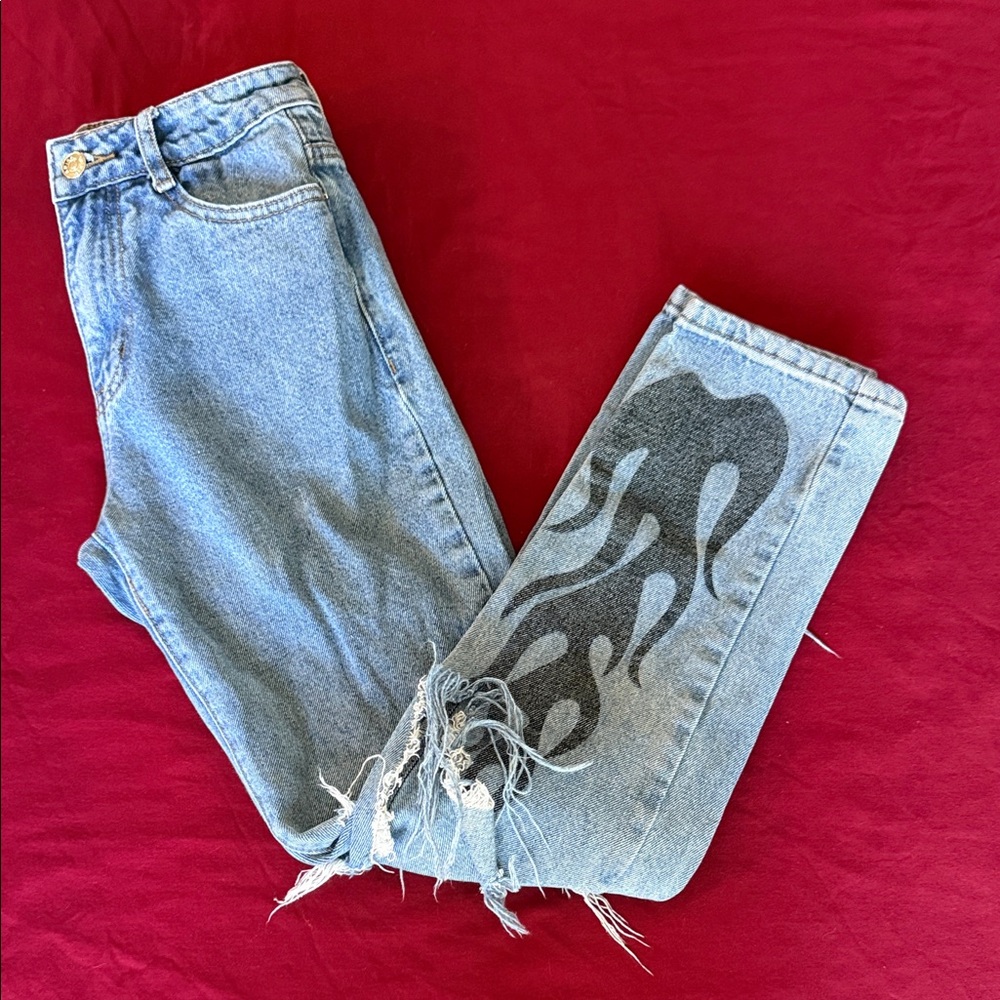 Adika Light Blue Jeans with Black Flame Design